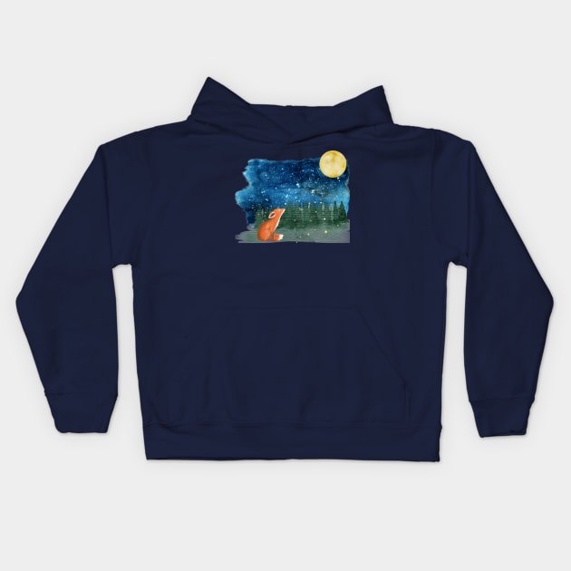 Fox looking at the Moon Kids Hoodie by Petprinty